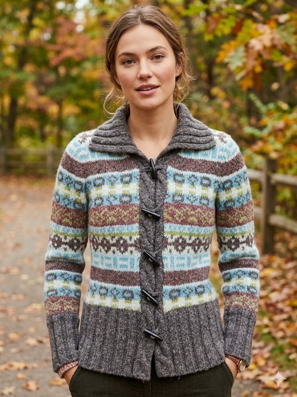 Kensie Wool Blend Gray Fair Isle Toggle Cardigan Cabincore Y2K era Gorpcore S